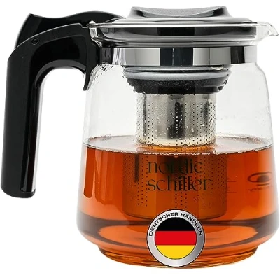Afbeelding van NORDIC SCHILLER Premium kleine glazen theepot 1500 ml, hittebestendig glas, kan met deksel, zeef, inzettheepot roestvrijstalen filterzeef, theemaker, zeef