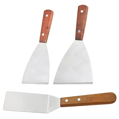 Afbeelding van Mousyee Bakplaat Spatel Set, Heavy Duty Houten Handvat Teppanyaki Spatels Roestvrij Staal Barbecue Koken Turner en Schraper Platte voor Keuken, 3 Stuks