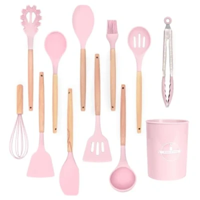 Afbeelding van Intirilife 12 delige keukengereiset van siliconen Roze 12.5 x 32.5 cm Antiaanbak hittebestendig keukengerei met lepel, tang, garde, spatel, kwast