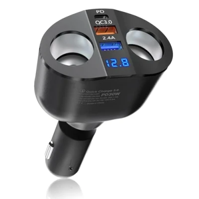 Afbeelding van Qidoe Sigarett Splitter USB C Auto Oplader Sigarettenaansteker: 12V/24V PD30W QC 3.0 120W Dual Socket Adapter Sigarettenaansteker met LED Voltmeter voor Mobiele Telefoon, GPS, Dash
