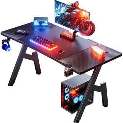 Afbeelding van HLONONE gamebureau met ledverlichting, grote computertafel tafelblad van koolstofvezel, ergonomisch computerbureau muismat, bekerhouder en headset haak, 120 x 60 cm, zwart