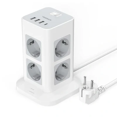 Afbeelding van TESSAN Verticale stekkerdoos met 3 USB A en C poorten, overspanningsbeveiliging, 8 stopcontacten, schakelaar, verlenging 2 m, 3600 W