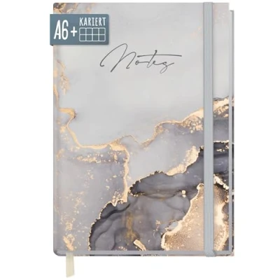 Afbeelding van paper&amp;you® A6+ geruit notitieboek met elastiek [marmergrijs] 156 pagina&#039;s, 78 vellen, duurzaam en klimaatvriendelijk