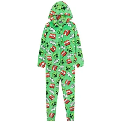 Afbeelding van Minecraft Fleece overall voor jongens, jongeren, pyjama met capuchon, nachtkleding kinderen, cadeau gamers, groen/multi