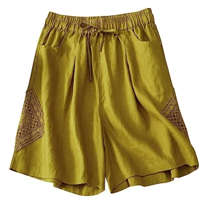 Afbeelding van Runstarshow Linnen bermuda voor dames, hoge taille, elastisch, knielang, met 3 zakken, losse pasvorm, Geel.