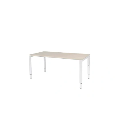Afbeelding van Domino bureau, hoogte instelbaar (62 85cm) met 160x90cm &#039;zwevend&#039; lindberg (licht) eiken 25mm blad en wit (RAL9010) N poot frame.