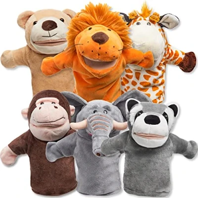 Afbeelding van JOYIN Set van 6 dierenpoppen voor kinderen, vrienden in de dierentuin, luxe pluche handpoppen met beweegbare open mond fantasierijk spelen