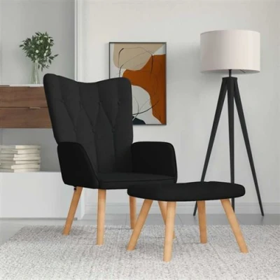 Image de vidaXL Chaise de relaxation avec tabouret Noir Tissu327540