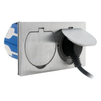Afbeelding van Zenitech Dubbel stopcontact 16 A 2P+T, geborsteld aluminium afwerking, IP55, met installatiebox