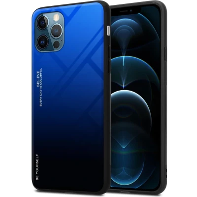 Afbeelding van Cadorabo Hoesje geschikt voor Apple iPhone 12 / PRO in BLAUW ZWART Tweekleurige beschermhoes van TPU silicone Case Cover en achterzijde gehard glas