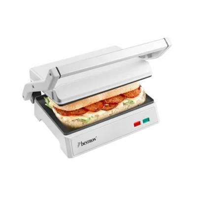 Afbeelding van Bestron elektrische tosti apparaat met opvangbak, Contactgrill Cool Touch handgreep &amp; 180 opening, panini grill antiaanbaklaag, instapmodel, kleur: Wit