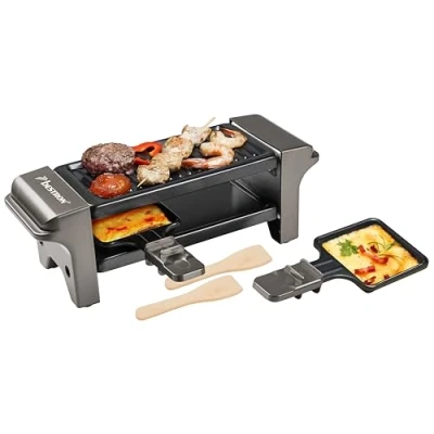 Afbeelding van Bestron Raclette voor 1 2 personen, mini tafelgrill met twee pannen, houten schrapers en schoteltjes, 350 W, kleur: titaniumgrijs