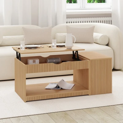 Image de Table basse plateau relevable rectangulaire JULIETTE avec coffre lattes tasseau bois coloris chêne IDMarket
