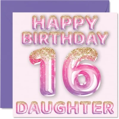 Afbeelding van Verjaardagskaart voor meisjes 16 jaar, roze en paarse glitterballonnen, verjaardagskaarten jarige dochter van mama papa, 145 mm x