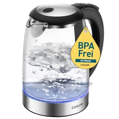Afbeelding van Cosori Elektrische waterkoker van glas, 1,7 l, 2200 watt, filter roestvrij staal, deksel binnen en bodem, snel koken, automatische uitschakeling, bescherming tegen droogbranden, BPA vrij