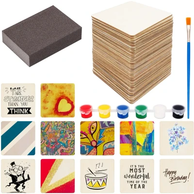 Afbeelding van Belle Vous 50 Pak Onbewerkt Blanke Hout Vierkanten met Schuurblok, Verf &amp; Kwast 10 x cm 2,5 mm Dikke Stukken voor DIY onderzetters, Hobby, Verven en Pyrografie Branden