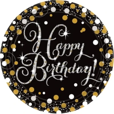Afbeelding van Bord Sparkling zilver goud Happy Birthday 23 cm 8 stuks
