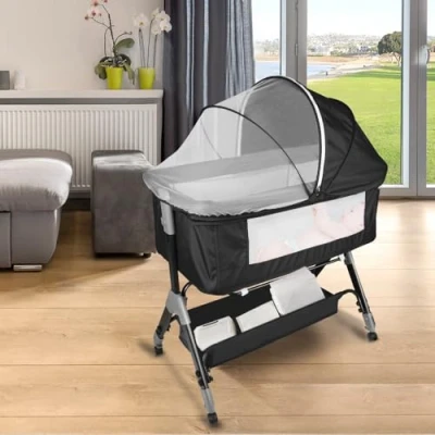 Afbeelding van Berceau avec Matelas,3 in 1 cododo Matelas et Moustiquaire,Lits bébé Lit 4 en Hauteurs Réglables,104 * 52 100 110 cm (4 niveaux de hauteur) noir