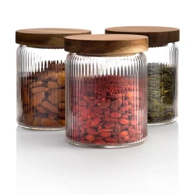 Afbeelding van Stapelbare geribbelde voorraadpotten met deksels Luchtdichte glazen voorraadpot voor koekjes Theesuiker Decor keuken Pantry Badkamer 0.8L, set van 3