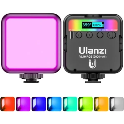 Afbeelding van ULANZI VL49 Led videolamp met 2000 mAh accu, cameralicht, klein, dimbaar, 2500 K 9500 K, achtermagneten, fotolicht, compact voor macro opnames, productfotografie en YouTube vlogs