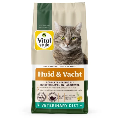Afbeelding van Vitalstyle Huid &amp; Vacht Kattenbrokken Ondersteunt Bij Huidproblemen En Extreem Verharen Met o.a. Mariadistel Heermoes 1,5 kg