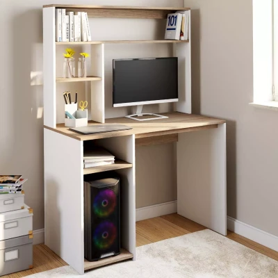 Afbeelding van Bureau avec étagères de rangement DAN blanc et façon hêtre