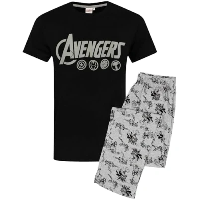 Afbeelding van De Avengers heren pyjama logo Marvel lounge broek en T shirt set, zwart.
