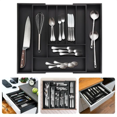 Afbeelding van Cheqo® Uitschuifbare Bamboe Bestekbak Besteklade Keukenlade Bestek Organizer Verstelbare Keukenla 33 52x43x5 cm Zwart