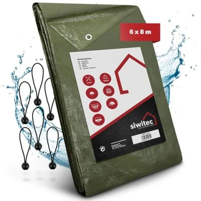 Afbeelding van siwitec afdekzeil, 140 g/m², met 6 zeiltouwen, x 8 m, zeildoek inslagringen en versterkte hoeken, houten zeil, waterdicht