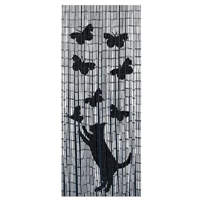 Afbeelding van WENKO Bamboegordijn, deurgordijn, kat en vlinder, vliegengordijn, 90 x 200 cm