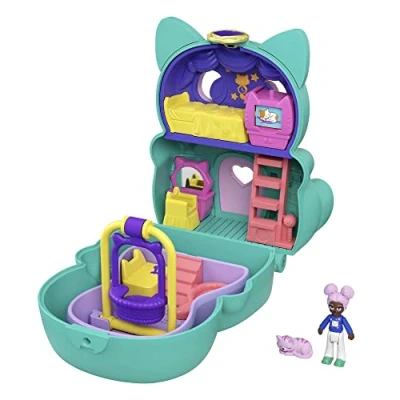 Afbeelding van Polly Pocket GTM61 Grappige set om te draaien in kattenvorm, twee speeloppervlakken dankzij klapfunctie, kattenfiguur, speelgoed vanaf 4 jaar