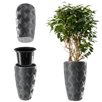 Afbeelding van KADAX Bloempot met inzetstuk en handgrepen, van kunststof, verkrijgbaar in 5 maten, UV weerbestendig, 3D effect (antraciet, hoog)
