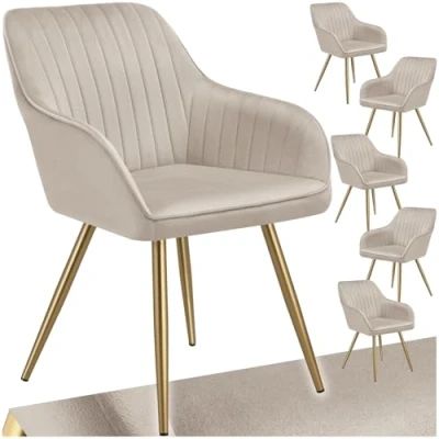 Afbeelding van tectake® 6 x Fluwelen Stoel set van Eetkamerstoelen Met Gewatteerde Stof, Moderne Keukenstoelen, Comfortabele Fauteuil Voor Woonkamer, Eetkamer, Lounge taupe / goud