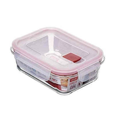 Image de TATAY Boîte Alimentaire, de Verre, Hermétique, 0.64 L, couvercle à pince, sans BPA, passe au micro ondes, four, congélateur et lave vaisselle, Rouge. Mesure 13,7 x 17,9 6,3 cm