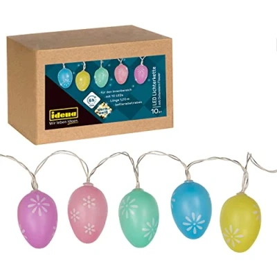 Afbeelding van Idena 31273 Paas lichtketting met 10 warmwitte leds in kleurrijke paaseieren, werkt op batterijen, timerfunctie 6 uur, ca. 1,2 m, decoratie voor Pasen
