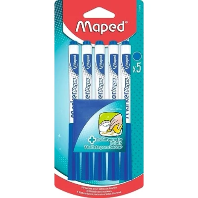 Afbeelding van Maped 5 Marker&#039;Peps droog uitwisbare viltstiften 1 doek voor lei en whiteboard blauw niet permanente stiften medium punt 1,5 mm