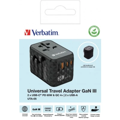 Afbeelding van Verbatim Ladeadapter, Universal Travel, UTA 05, GaN III, 65W 1x USB A, A QC, 2x C PD, 100 250V, Retail