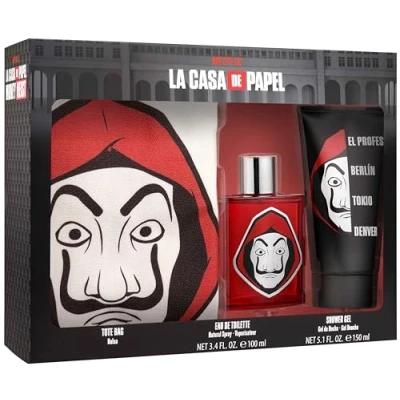 Afbeelding van NETFLIX Haus des Geldes Cadeauset, Eau de toilette 100 ml + douchegel 150 draagtas, op CK One geïnspireerde geur, cadeau idee voor seriefans