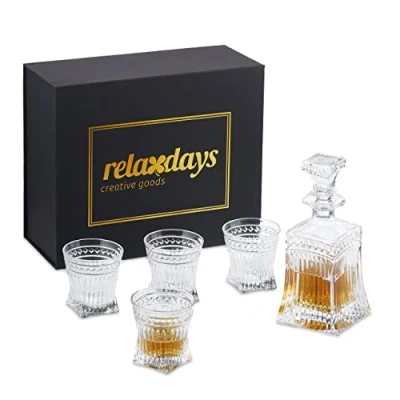 Afbeelding van Relaxdays whiskey set 5 delig karaf &amp; 4 glazen whiskeyglazen schenkkan met reliëf