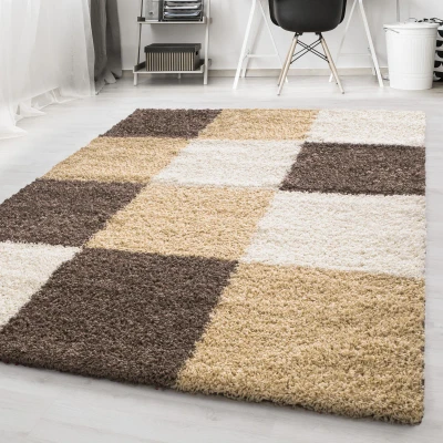 Afbeelding van Basic Shaggy Geblokt vloerkleed Bruin / Beige Hoogpolig 200x290 cm