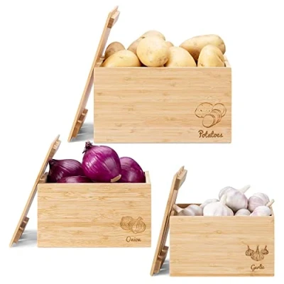 Afbeelding van Navaris 3x houten kratten Set Voor aardappels, uien en knoflook 3 fruitkisten met deksel Van bamboe