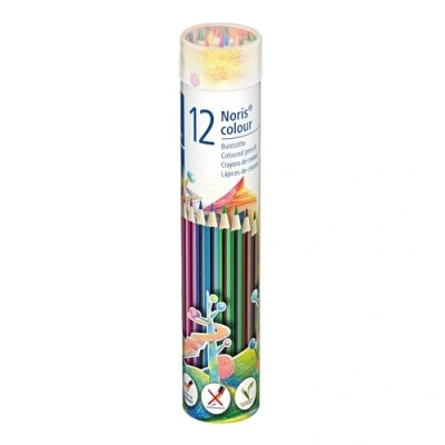 Afbeelding van STAEDTLER Noris Colour 185 MD12 gekleurde potloden (hoge breukvastheid, zeshoekige vorm, aantrekkelijk strependesign, zacht ergonomisch oppervlak, WOPEX materiaal, 12 kleuren, ronde metalen doos)