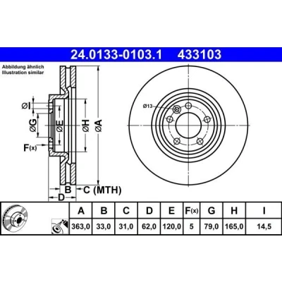 Afbeelding van ATE Remschijf LAND ROVER: Range Rover Sport 363,0mm 33,0mm 5 120,0mm Geventileerd Gecoat Gelegeerd/Gecarboniseerd 24.0133 0103.1 Remschijven