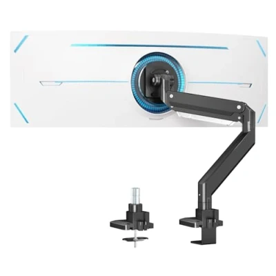 Afbeelding van PUTORSEN Monitorhouder, zware premium aluminium scharnierarm, ergonomisch, gasveer voor schermen van 17 tot 49 inch, in hoogte verstelbaar, kantelbaar en bureaubevestiging, arm ondersteunt 18 kg