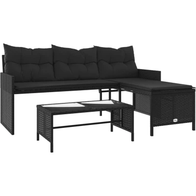 Afbeelding van Tuinbank met tafel en kussens L vormig poly rattan zwart
