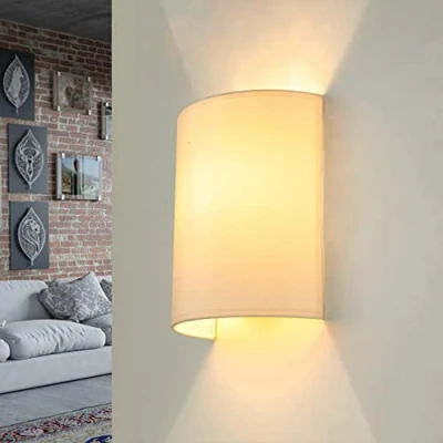 Afbeelding van Crèmewitte wandlamp, stoffen lampenkap, wandlamp E27, H:23 cm, up down lamp, lage verblinding, comfortabel, woonkamer, slaapkamer
