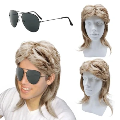 Afbeelding van XNIVUIS Pruik voor heren, mullet, jaren 80, hippie kostuum, cosplay, 70, 80 pruik, Halloween, retro, schijf, punk rocker, pruiken carnaval (2 stuks)