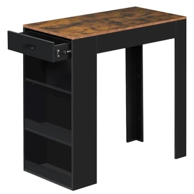 Afbeelding van WOLTU table de bar, comptoir avec 1 tiroir et 3 étagères, péninsule pour cuisine, pub, bistrot, en bois ingénieux, marron rustique + noir, 100 x 50 cm