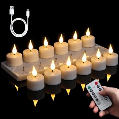 Afbeelding van FREEPOWER Set van 12 oplaadbare led theelichtjes met laadstation, afstandsbediening en timer, elektrische kaarsen, warmwit, dimbaar, theelichtje