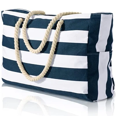 Afbeelding van oscaurt strandtas met strepen, waterdichte strandtas, grote ritssluiting, boodschappentas voor dames, XXL, familie, boodschappentas, schoudertas, reistas, Groen,